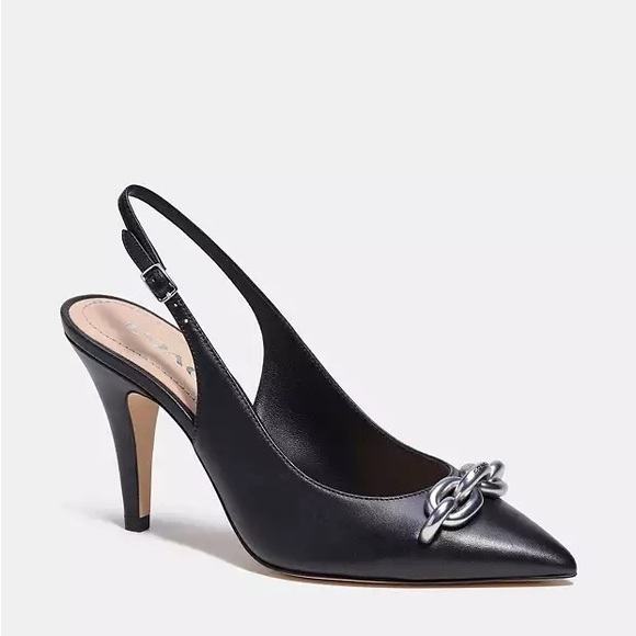 Coach Sadie Slingback Pump Size 7 - Black with Silver Chain Detail - Picture 1 of 4